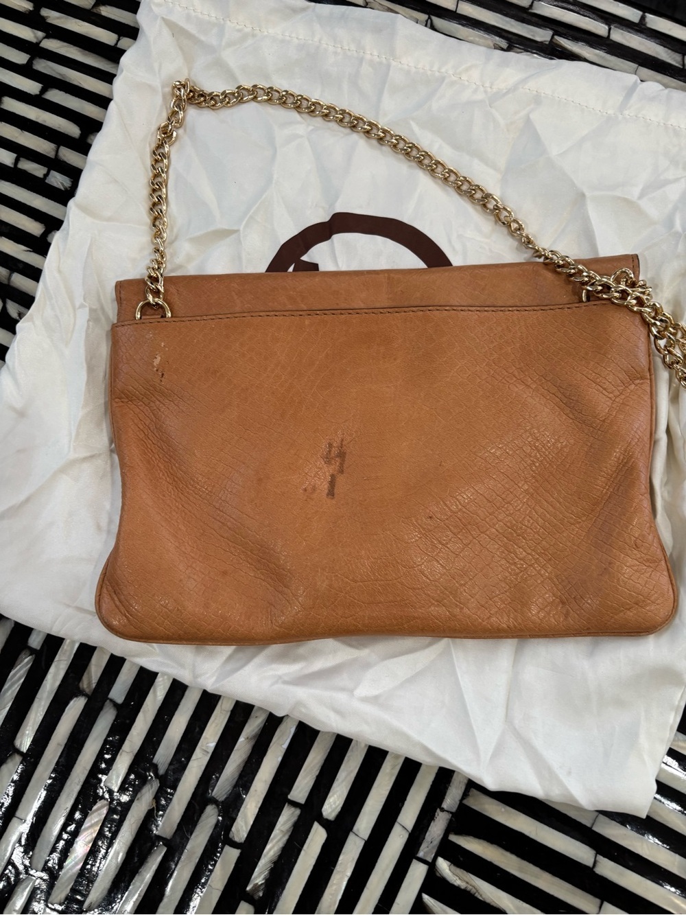 Authentic Michael Kors Cognac Textured Leather Shoulder Bag with Gold Chain - Picture 7 of 12